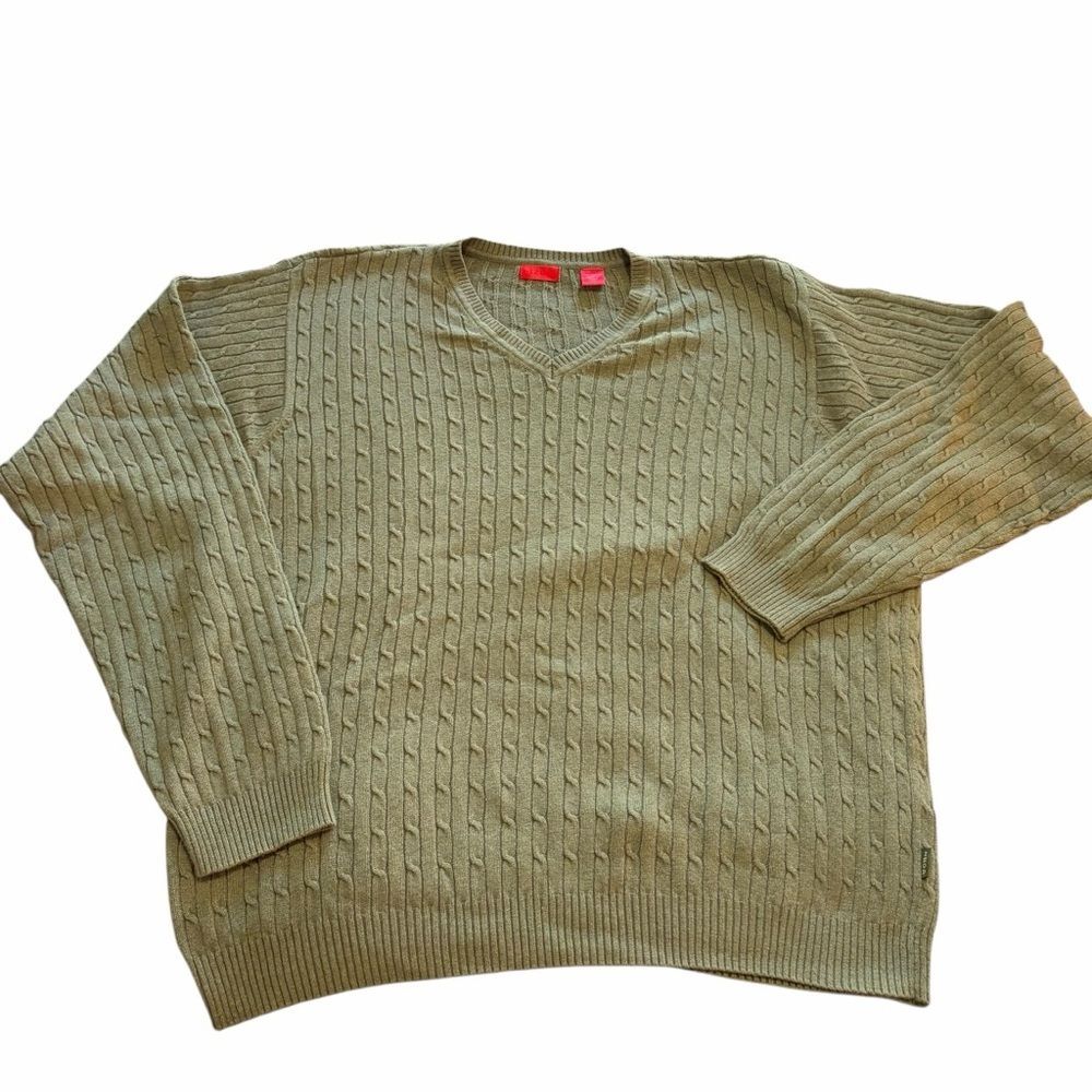 Izod Men’s Olive Cable Knit V-Neck Sweater – Classic Preppy Style –‎ Size XXL